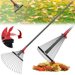 Adjustable 76-Inch Metal Leaf Rake with Tines