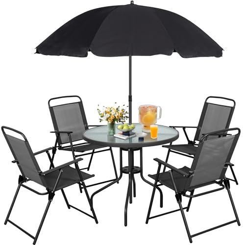 6-Piece Folding Patio Dining Set with Umbrella, Black