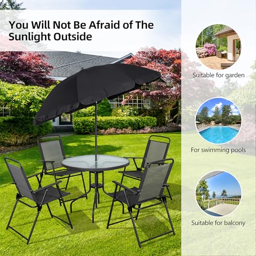 6-Piece Folding Patio Dining Set with Umbrella, Black