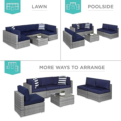7-Pc Modular Outdoor Sectional Wicker Conversation Set - Gray/Navy