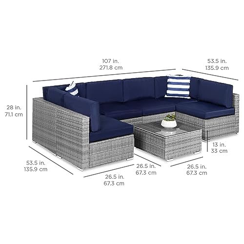 7-Pc Modular Outdoor Sectional Wicker Conversation Set - Gray/Navy
