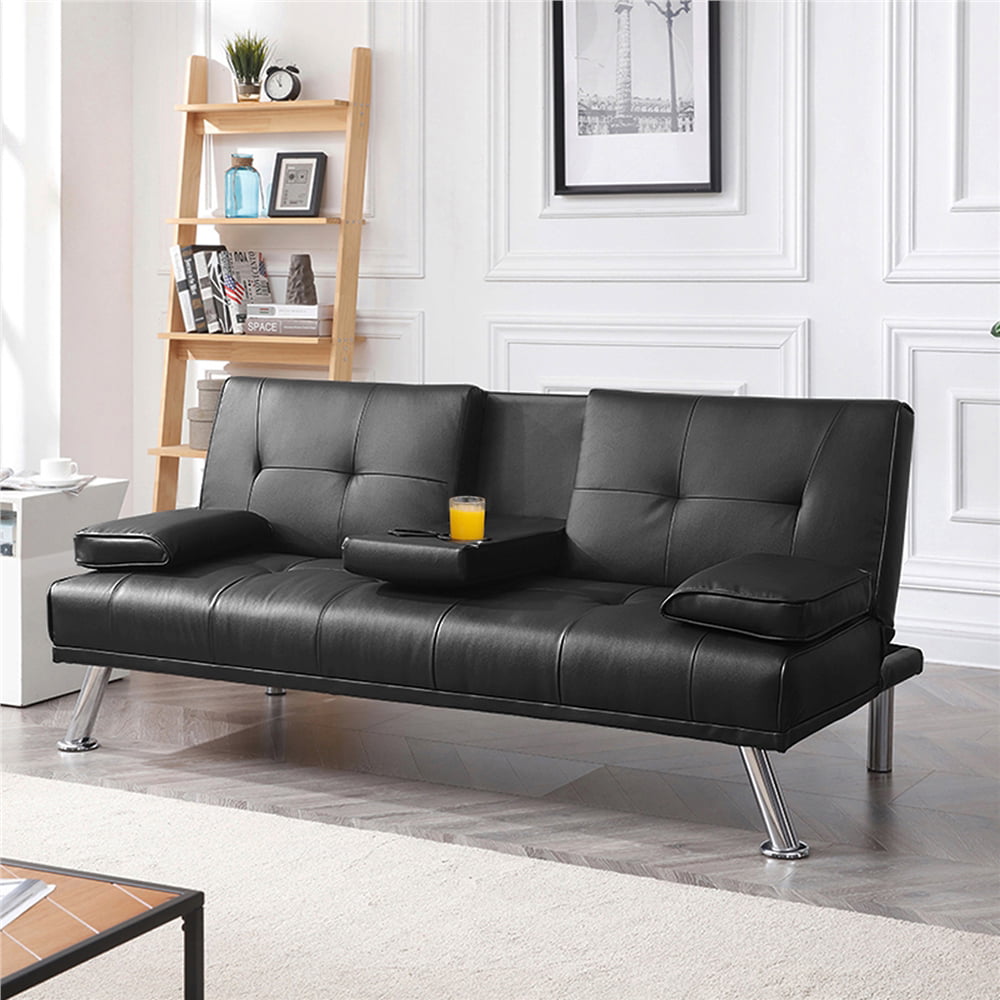 Black Faux Leather Futon with Cupholders and Pillows