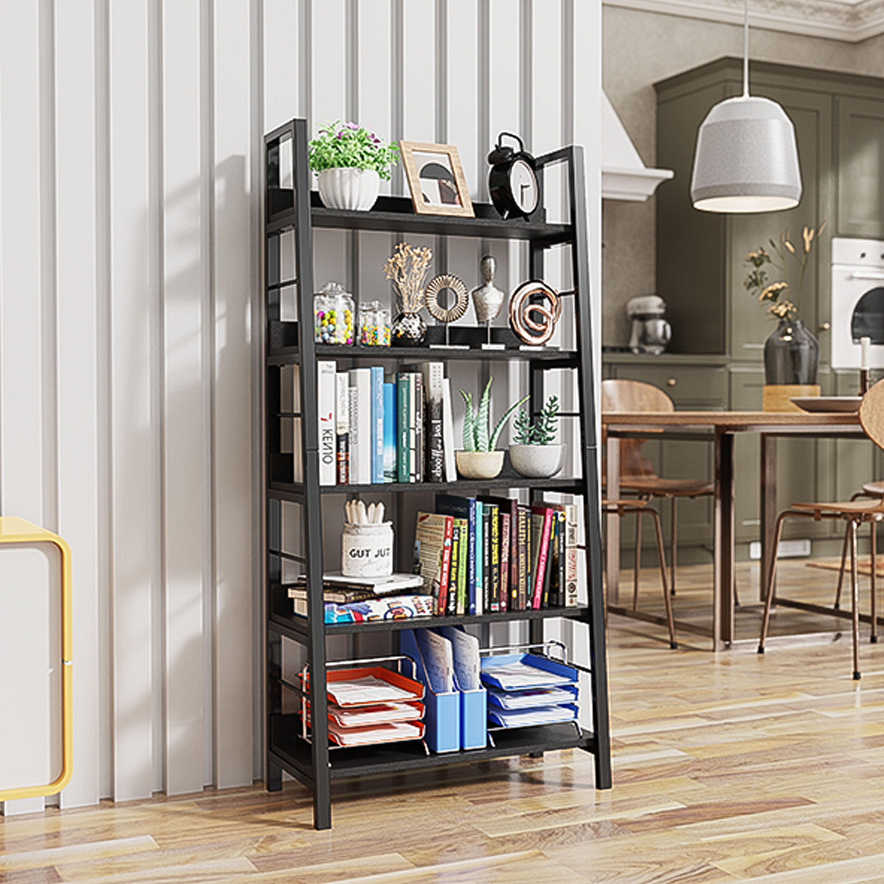 5-Tier Black Ladder Bookshelf for Home Office