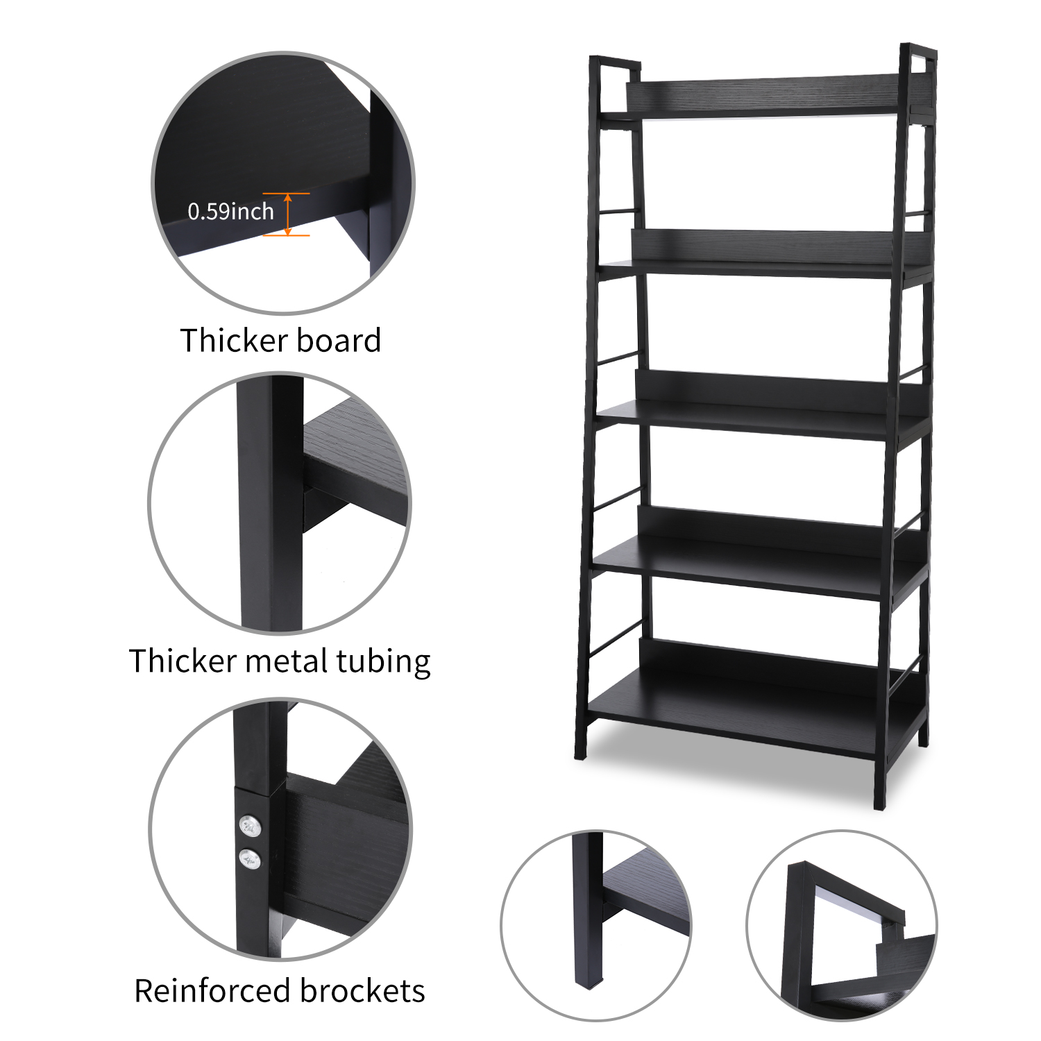 5-Tier Black Ladder Bookshelf for Home Office