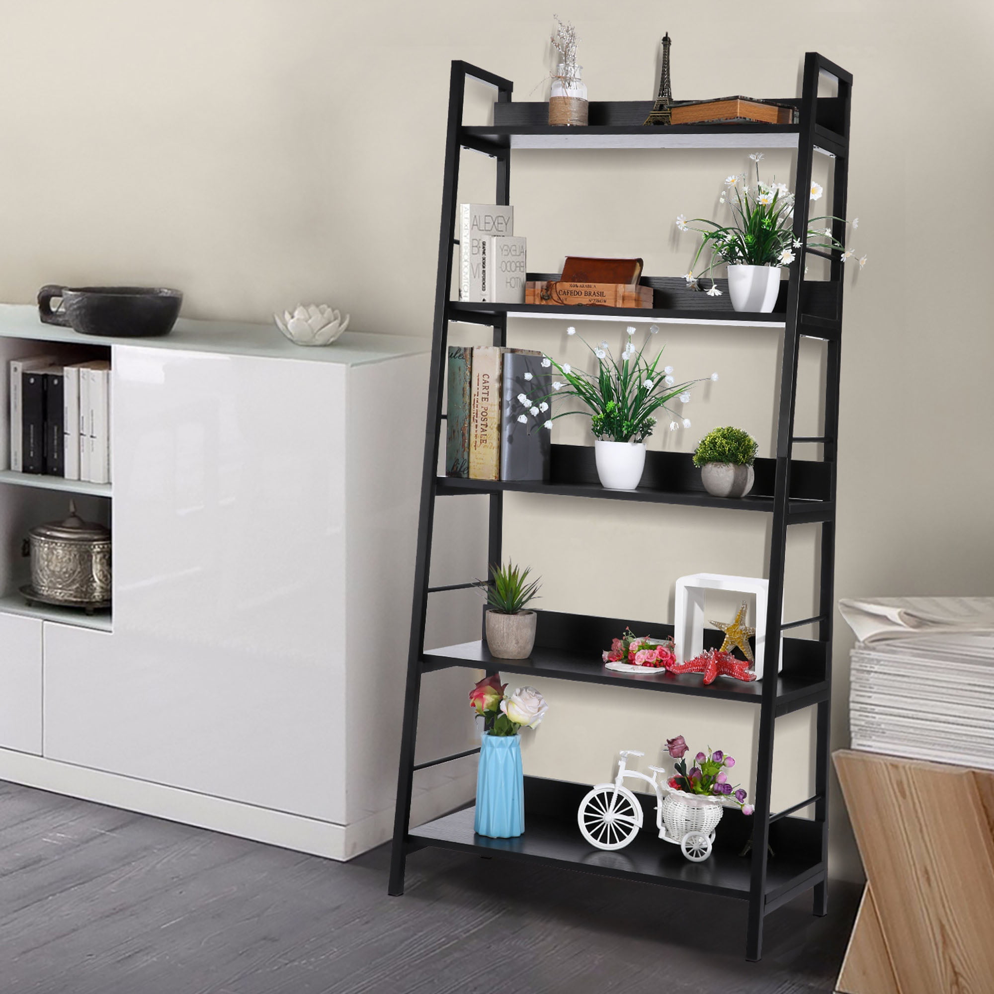 5-Tier Black Ladder Bookshelf for Home Office