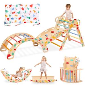 wingyz Pikler Triangle Climbing Set with Cushion,Foldable 8 in 1 Jungle Gyms for Toddlers 1-3, Indoor Playground for Kids,Baby Montessori Climber Gift（Rainbow）