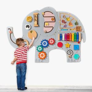 Large Elephant Wooden Activity Wall Panel Christmas Gift Educational Montessori Toy for Toddler Kids Interactive Sensory Activity Busy Board Daycare Learning Center Toddler Room Decor