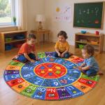 KC Cubs 3x3 ABC Alphabet, Numbers & Shapes Rug – Educational Non-Slip Play Mat Carpet for Kids, Toddlers, Nursery, Classroom, Playroom, Baby Daycare (Round)