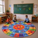 KC Cubs 3x3 ABC Alphabet, Numbers & Shapes Rug – Educational Non-Slip Play Mat Carpet for Kids, Toddlers, Nursery, Classroom, Playroom, Baby Daycare (Round)