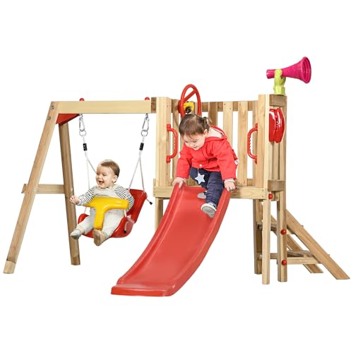 Outsunny 4-in-1 Wooden Swing Set, Kids Outdoor Playset