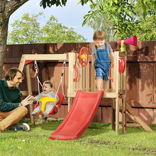Outsunny 4-in-1 Wooden Swing Set, Kids Outdoor Playset