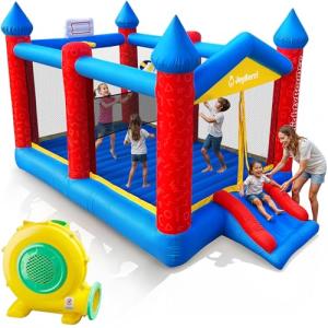 JoyBerri Mighty Bounce Bouncy House - 16.8' x8.9' Ft Extra Large, Inflatable Bounce House for Kids and Adults - with Air Blower, Volleyball Net, Basketball Hoop and Slide - ASTM Certified