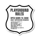 Playground Rules 6 inch X 6 inch Shield Shaped Commercial Grade Plastic Sign Weather Resistant Made in the USA
