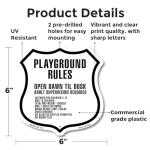 Playground Rules 6 inch X 6 inch Shield Shaped Commercial Grade Plastic Sign Weather Resistant Made in the USA