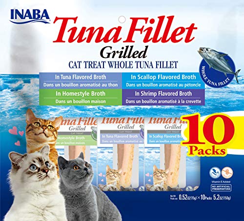 INABA Natural, Premium Hand-Cut Grilled Tuna Fillet Cat Treats/Topper/Complement with Vitamin E and Green Tea Extract, 0.52 Ounces Each, Pack of 10, Variety Pack