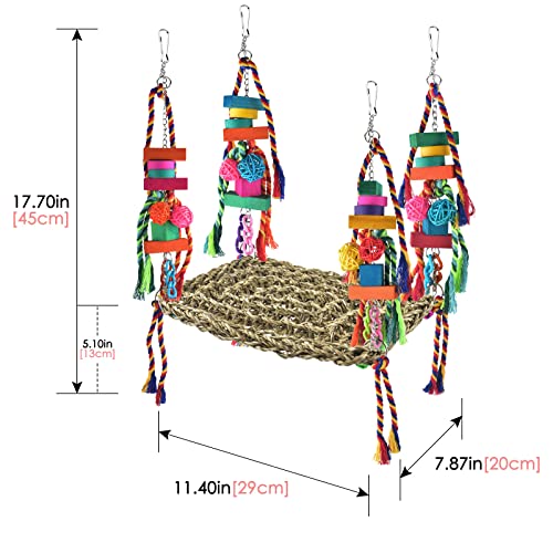 KATUMO Bird Toys, Bird Foraging Wall Toy, Edible Seagrass Woven Climbing Hammock Swing Mat with Colorful Chewing Toys, Suitable for Lovebirds, Finch, Parakeets, Budgerigars, Conure, Cockatiel