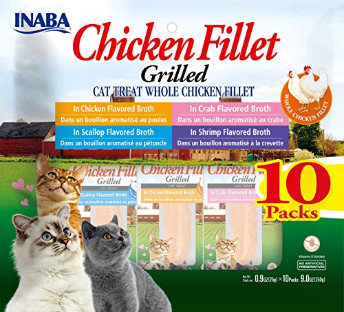 INABA Natural, Premium Hand-Cut Grilled Chicken Fillet Cat Treats/Topper/Complement with Vitamin E and Green Tea Extract, 0.9 Ounces Each, Pack of 10, Variety Pack