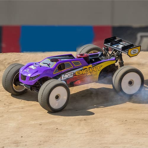 Losi RC Car 1/8 8IGHT-T 4 Wheel Drive Truggy Nitro RTR Nitromethane Fuel Dispenser Charger and Glow Igniter not Included Purple/Yellow LOS04011V2