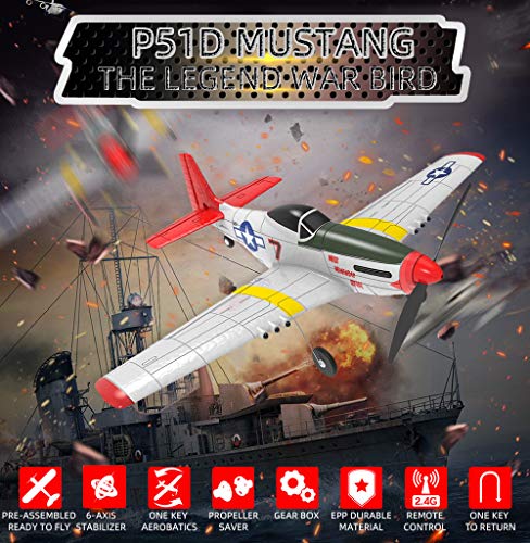 P51D RC Airplane 4CH 2.4GHz Remote Control Warplane Mustang Plane Ready to Fly with Xpilot Stabilization System One-Key Aerobatic and One-Key U-Turn Function 2 Batteries for Beginners Trainer Gift