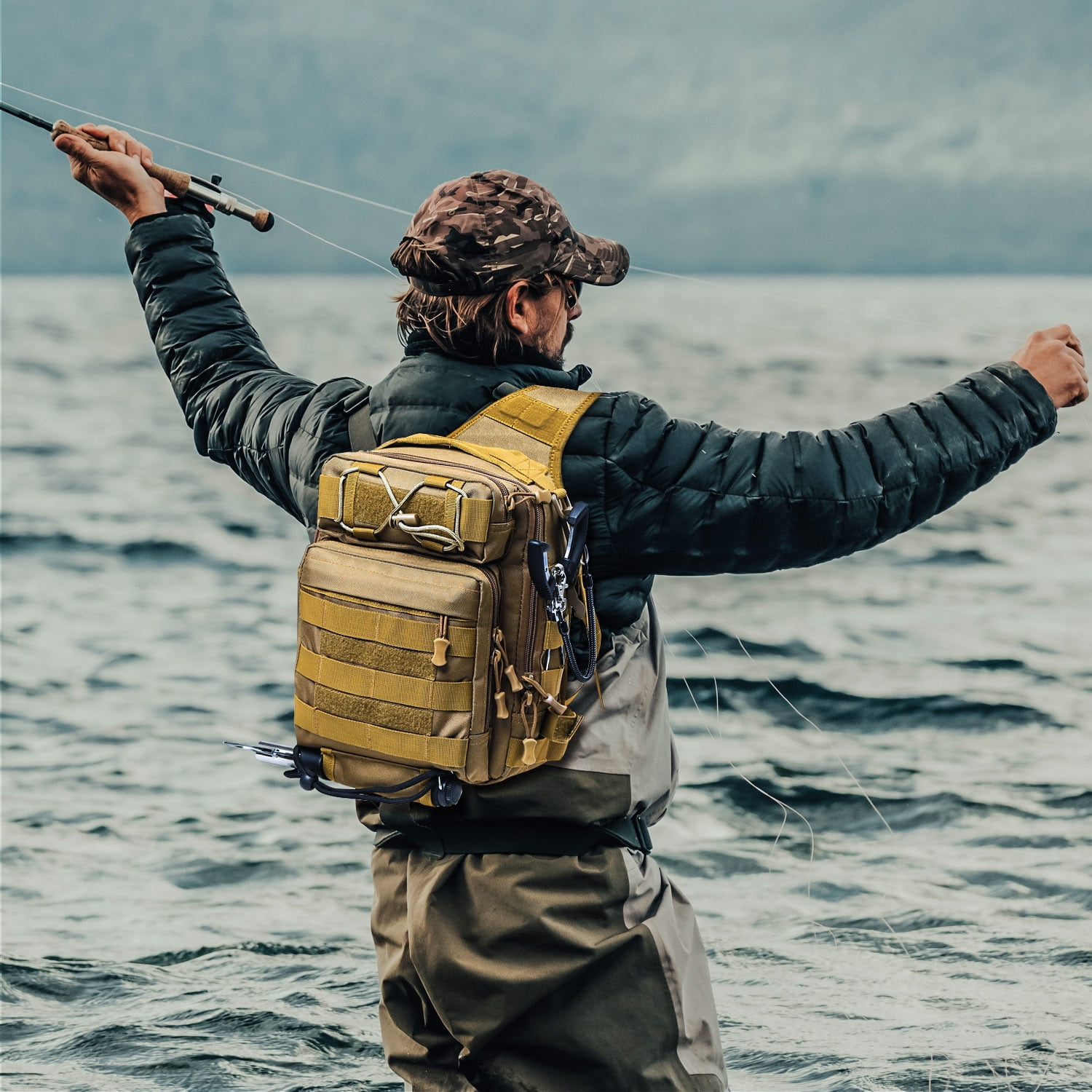 Compact Fishing Tackle Bag with Rod Holder