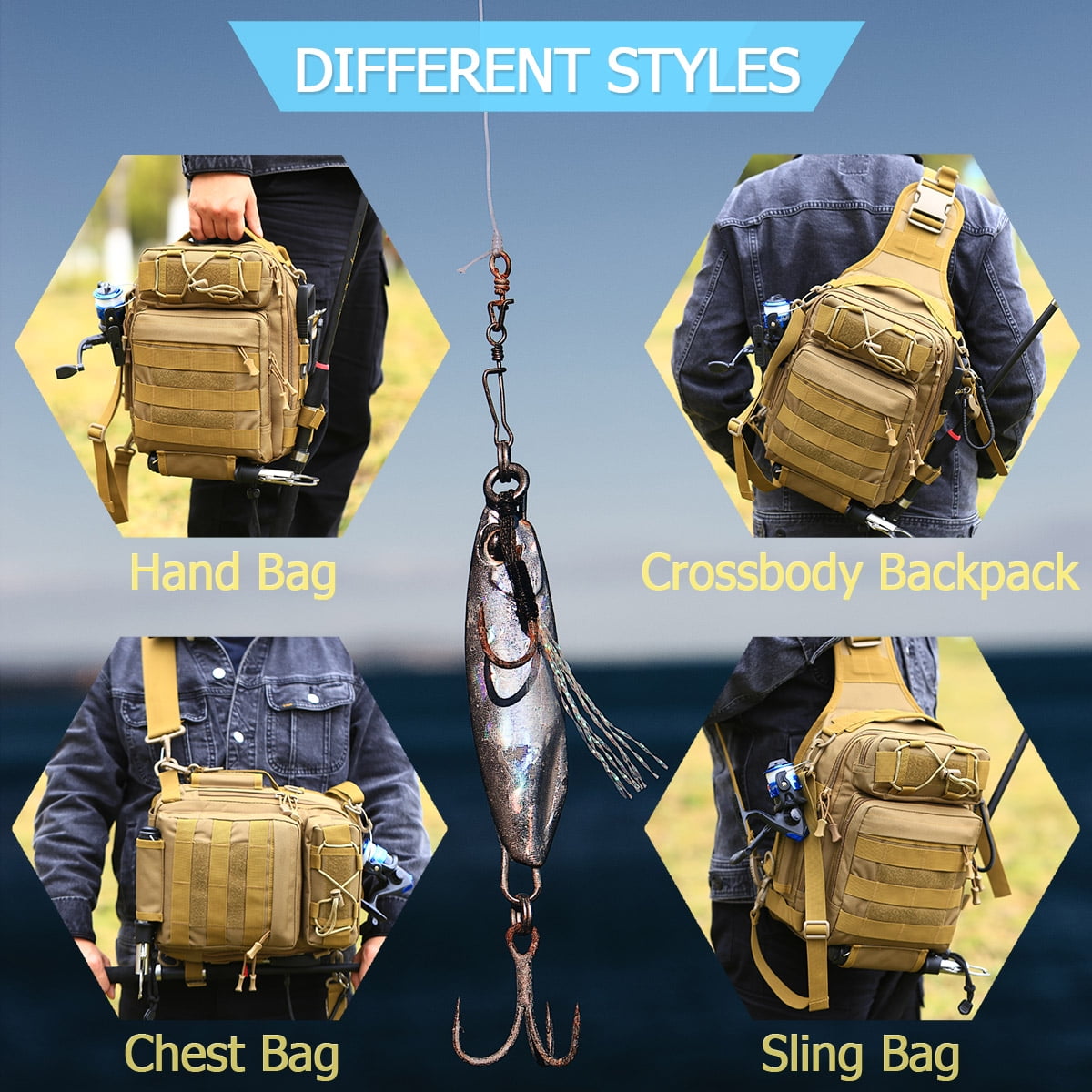 Compact Fishing Tackle Bag with Rod Holder