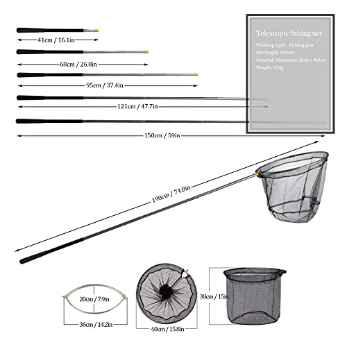 75" Aluminum Telescoping Fishing Landing Net, Rubber Coated