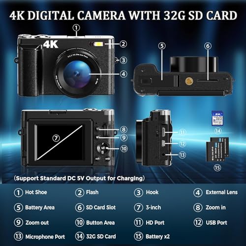 4K Autofocus Vlogging Camera with 48MP, Flip Screen