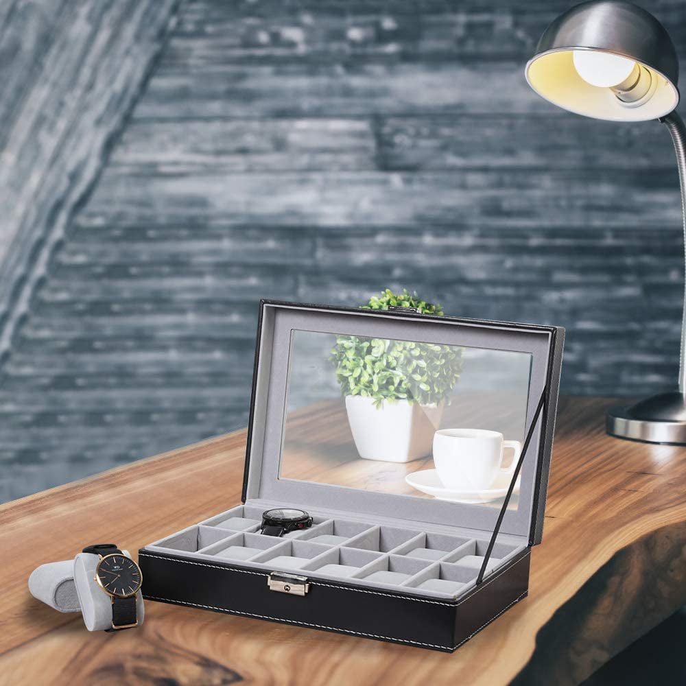 Black Lockable Watch Organizer with Glass Top