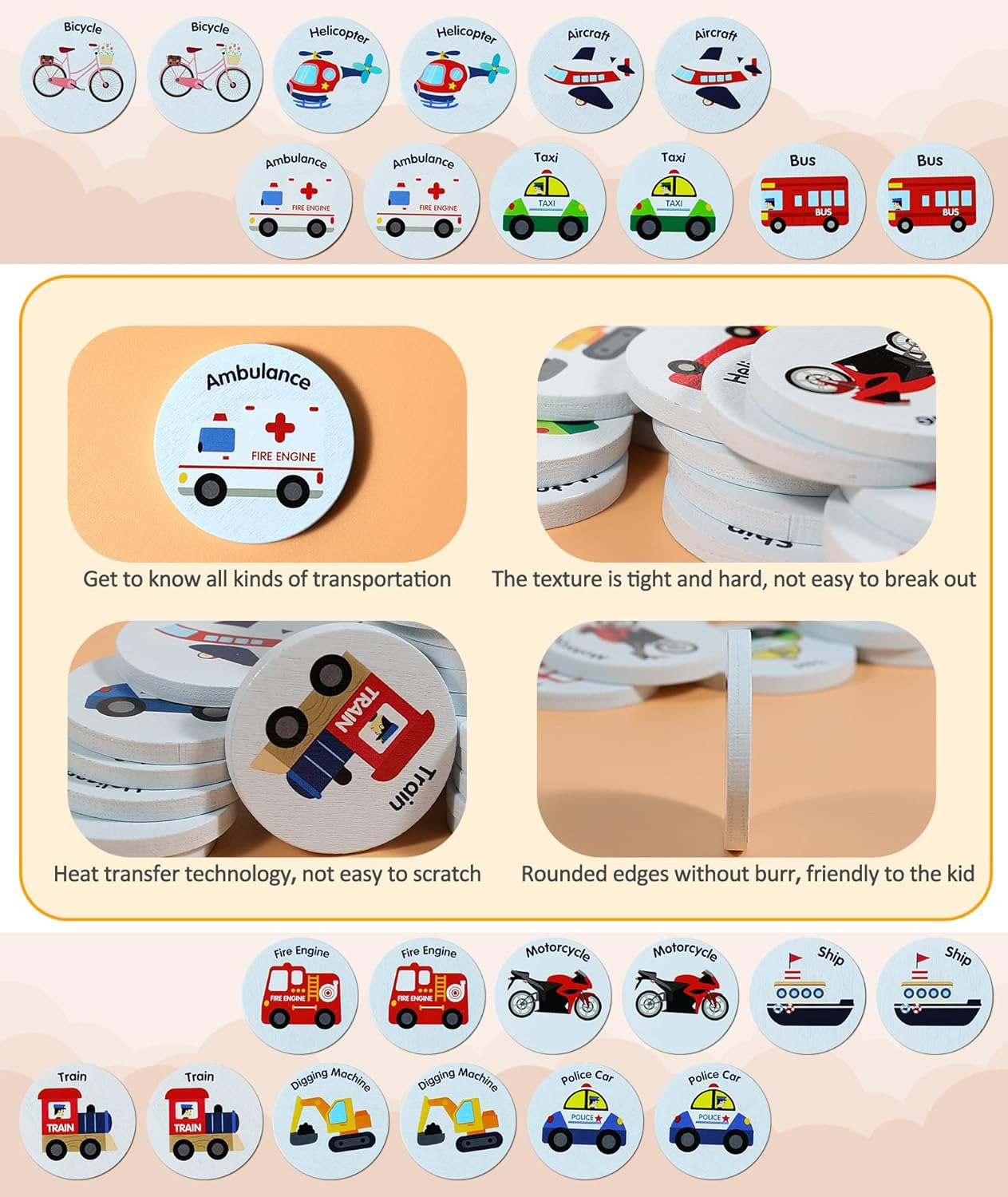 Wooden Match Memory Game: 24Pc Cards with 5 Stickers