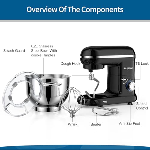 Vospeed Electric Stand Mixer with Accessories, 6.2L (Black)