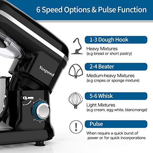 Vospeed Electric Stand Mixer with Accessories, 6.2L (Black)
