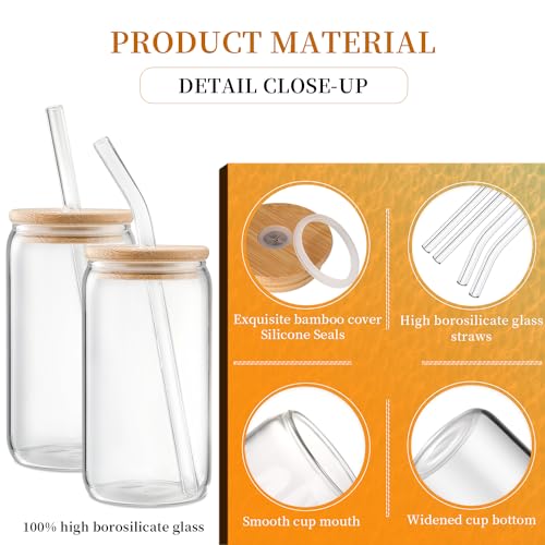 4-Piece Glass Cups with Lids and Straws Set