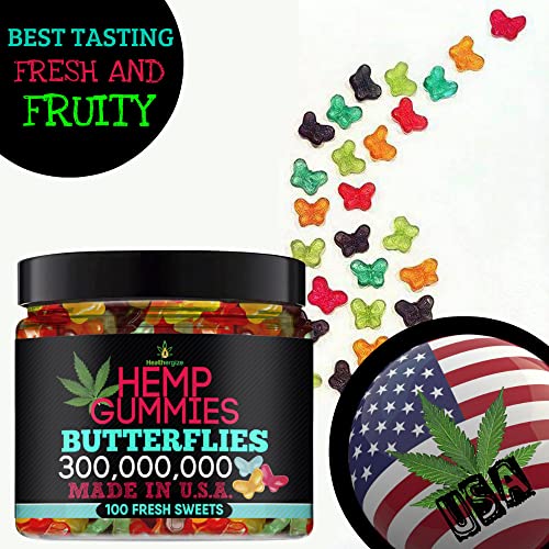 Healthergize Hemp Gummies Premium-Delicious Butterflies Hеmp Gummy Bears-Fresh Fruity Flavors-Natural Hemp Candy Peace And Relaxation-For Sleep, Stress, Calm, Relax-Made In USA-100 Count