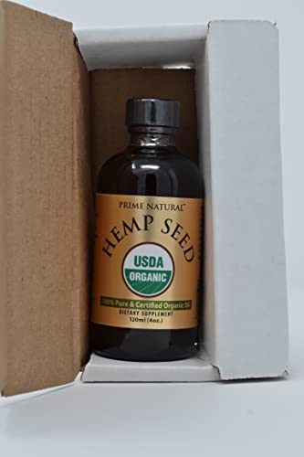 PRIME NATURAL Organic Hemp Seed Oil 4oz - USDA Certified - Sativa Oil - Pure, Cold Pressed, Virgin, Unrefined, Vegan, Food Grade - High Omega 3 6 9 Fatty Acids - Good for Face, Body, Skin & Hair Care