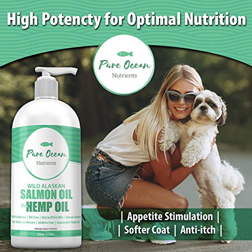 Wild Alaskan Salmon Fish & Hemp Seed Oil for Dogs 16 oz; Natural Liquid Supplement with Omega 3's Support Joint, Heart, and Immune Health; Essential Fatty Acids Promote a Shiny Coat and Healthy Skin