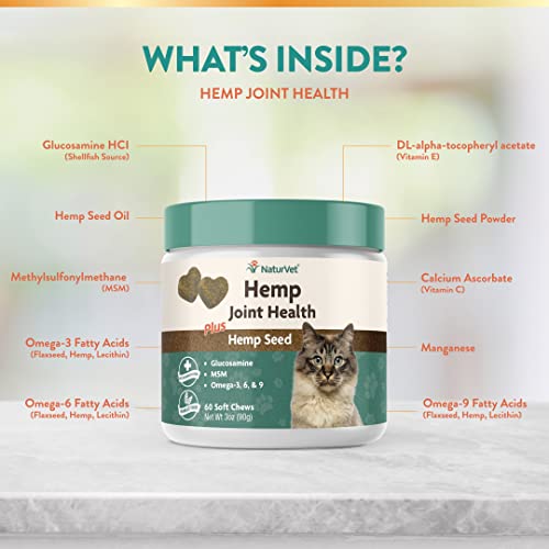 NaturVet – Hemp Joint Health for Cats - Plus Hemp Seed – 60 Soft Chews – Supports Healthy Hips & Joints – Enhanced with Glucosamine, MSM & Hemp Seed– 30 Day Supply