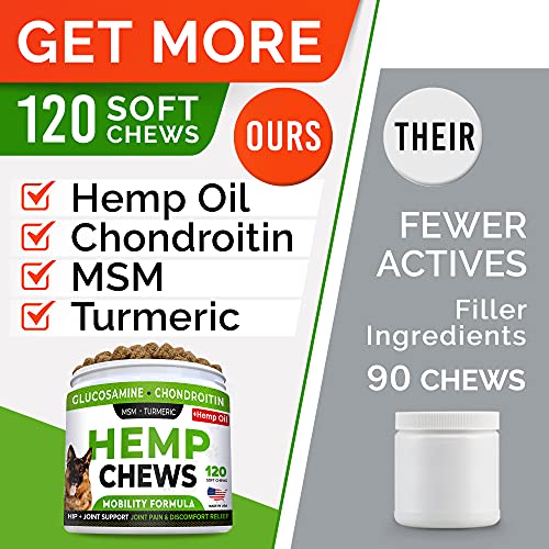 STRELLALAB Hemp Treats + Glucosamine for Dogs - Hip & Joint Supplement - w/Hemp Oil + Protein - Chondroitin, MSM, Turmeric to Improve Mobility & Energy - Natural Joint Pain Relief, 120 Chews
