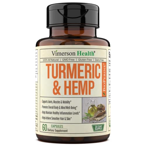 Turmeric Curcumin with Black Pepper Extract & Hemp Powder. Vegan Joint Support Supplement with Bioperine & Tumeric Extract. 95% Curcuminoids. 60 Turmeric Capsules for Sleep, Mood, and Stress Support.