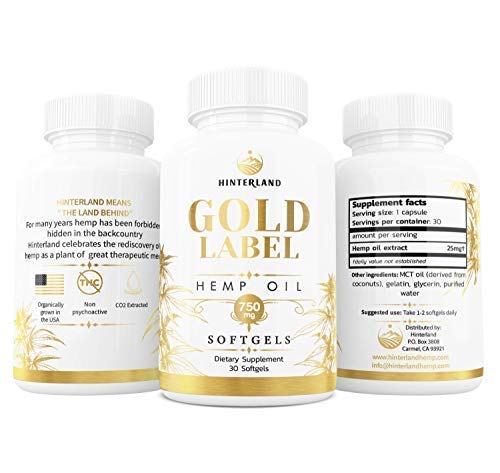 Hinterland Gold Label Hemp Oil Softgels, 25mg Capsules for Wellness, Organic USA Grown Hemp, 30 Count