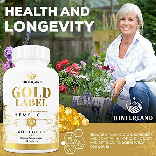 Hinterland Gold Label Hemp Oil Softgels, 25mg Capsules for Wellness, Organic USA Grown Hemp, 30 Count