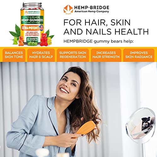 HEMPBRIDGE Hemp Gummies - Made in USA - Safe and Natural Omega 3 Supplement with Hemp Oil for Pain and Inflammation Relief - Max Value in Each Gummy - Vitamins B & E and Omega 3, 6, 9-60 Pcs