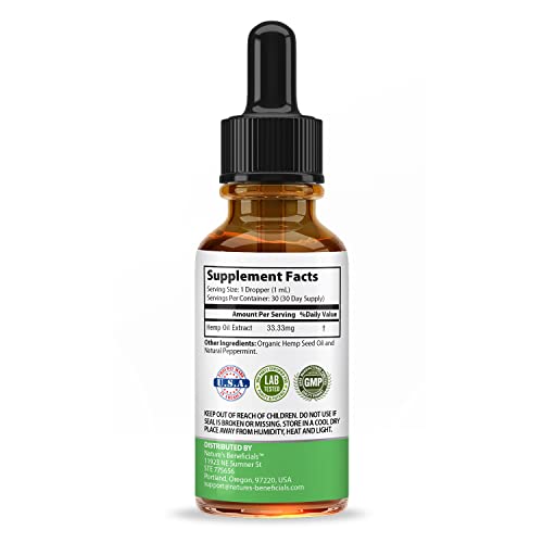 NATURE'S BENEFICIALS Organic Hemp Oil Extract Drops, 1000mg - Omega Fatty Acids 3 6 9, Non-GMO Ultra-Pure CO2 Extracted