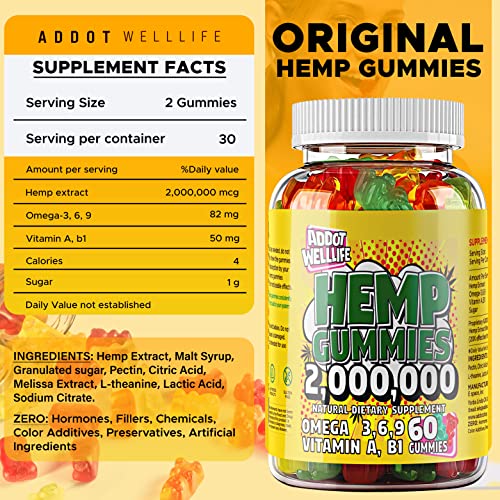 ADDOT WellLife Hemp Gummies 20X Natural High Potency Vitamin Gummies, Vegan Infused with Hemp Oil for Wellness (2 Pack 120 Gummies)