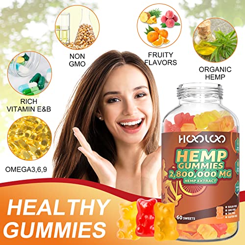 HOOLOO Hemp Gummies for Happier Bedtimes & Focus, Extra Strength 2,800,000mg Fruity Hemp Oil Infused Gummy Bears, Sugar Free, 120ct Edibles, Made in USA