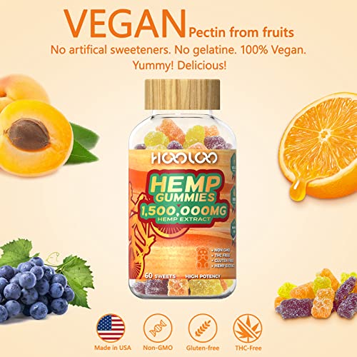 HOOLOO Vegan Hemp Gummies, Hemp Oil Infused Fruity Gummy Bears Extra Strength 1,500,000mg, Made in USA