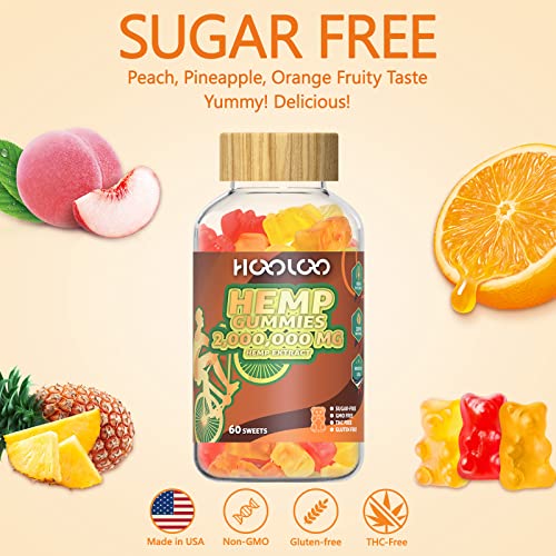 HOOLOO Hemp Gummies, Extra Strength 2,000,000mg Hemp Extract Sugar Free Gummy Bears Fruity, Made in USA