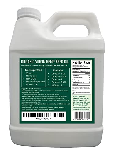 Organic Verdana Virgin Hemp Seed Oil – Unrefined Canadian Cold Pressed Oil – Non-GMO, Kosher Food Grade and Organic – 32 Fl Oz