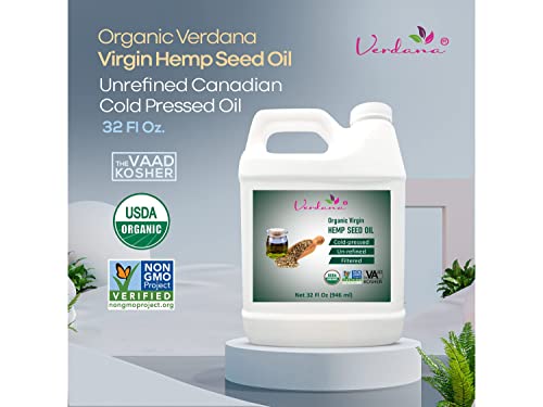 Organic Verdana Virgin Hemp Seed Oil – Unrefined Canadian Cold Pressed Oil – Non-GMO, Kosher Food Grade and Organic – 32 Fl Oz