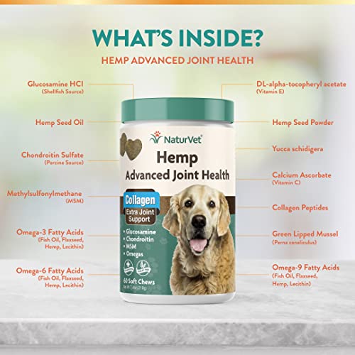 NaturVet Hemp Advanced Joint Health Dog Supplement Plus Hemp Seed – Helps Support Joint Health in Dogs – Includes, Collagen, Glucosamine, MSM, Chondroitin, Omegas – 60 Ct.