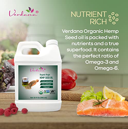 Organic Verdana Virgin Hemp Seed Oil – Unrefined Canadian Cold Pressed Oil – Non-GMO, Kosher Food Grade and Organic – 32 Fl Oz